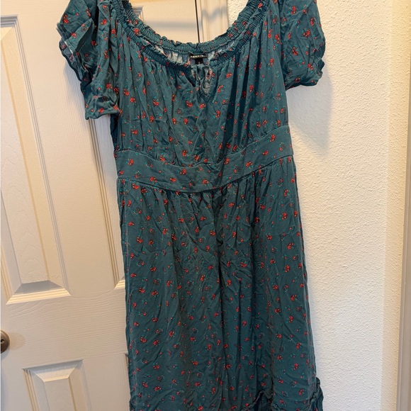 torrid Teal Floral Midi Dress with Pockets and Ruffle Hem - Picture 2 of 4